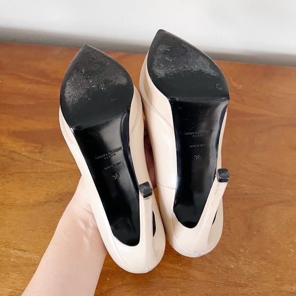 SAINT LAURENT • Janis 105 Cap-Toe Platform Pump two tone beige nude black heels - Picture 12 of 14